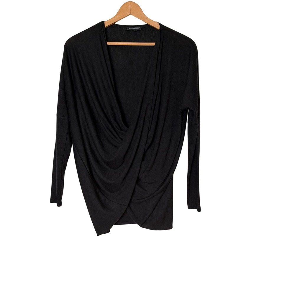 For Cynthia Surplice Top Women Large Black Draped Wrap V-Neck Long Sleeve Jersey